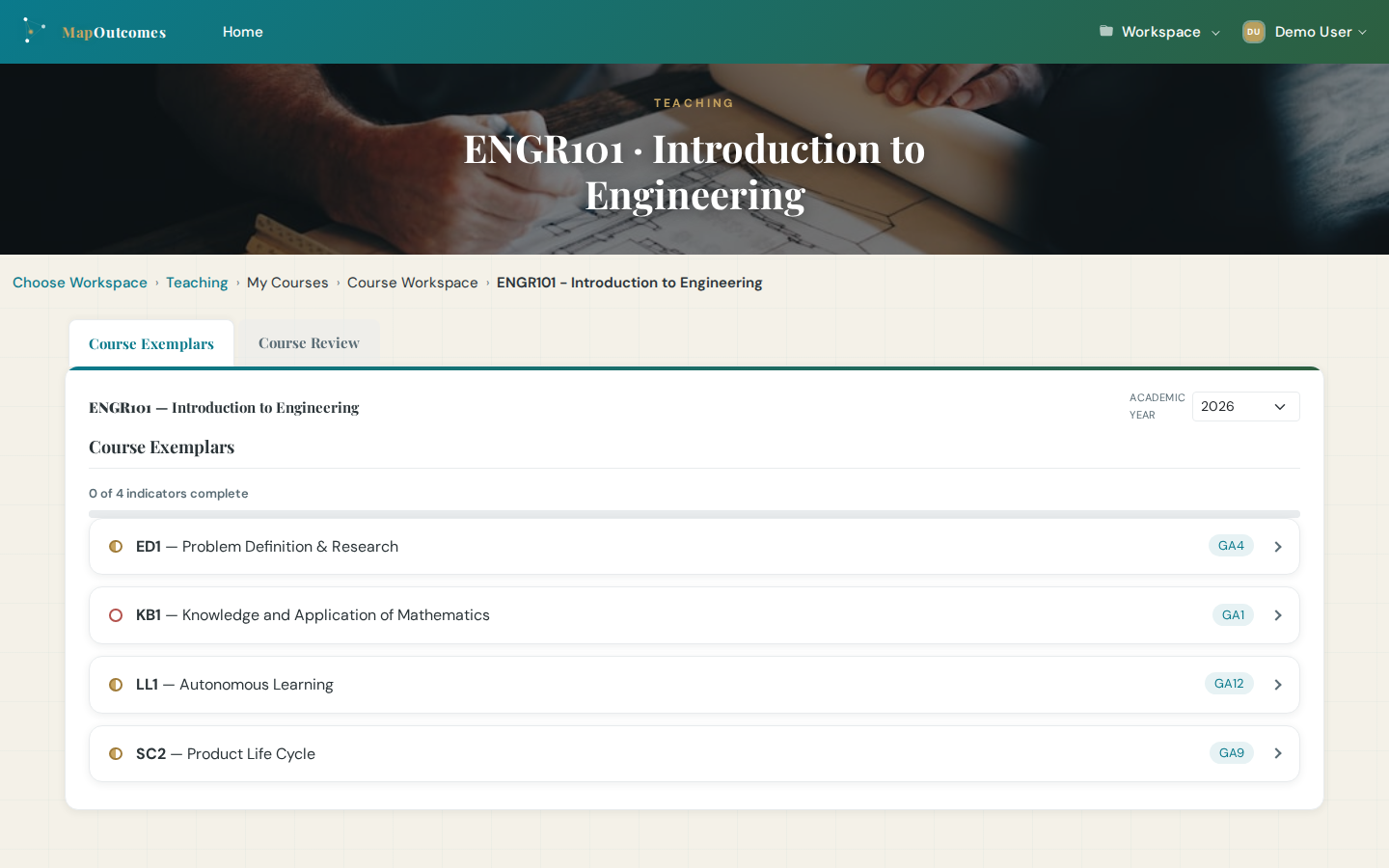 Instructor course workspace showing only their assigned courses and competencies